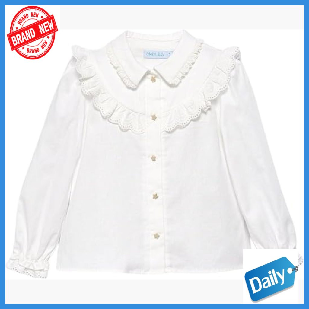 Girls' Cotton Blouse With Ruffle Collar And Eyelet Design